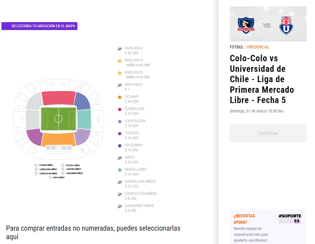 Los sectores cuyas entradas se liberaron en las últimas horas. Foto: Captura.