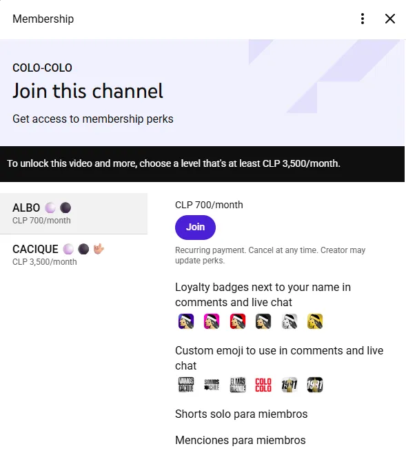 Los beneficios de la membresia Albo en el canal de YouTube de Colo Colo. Foto: Captura.