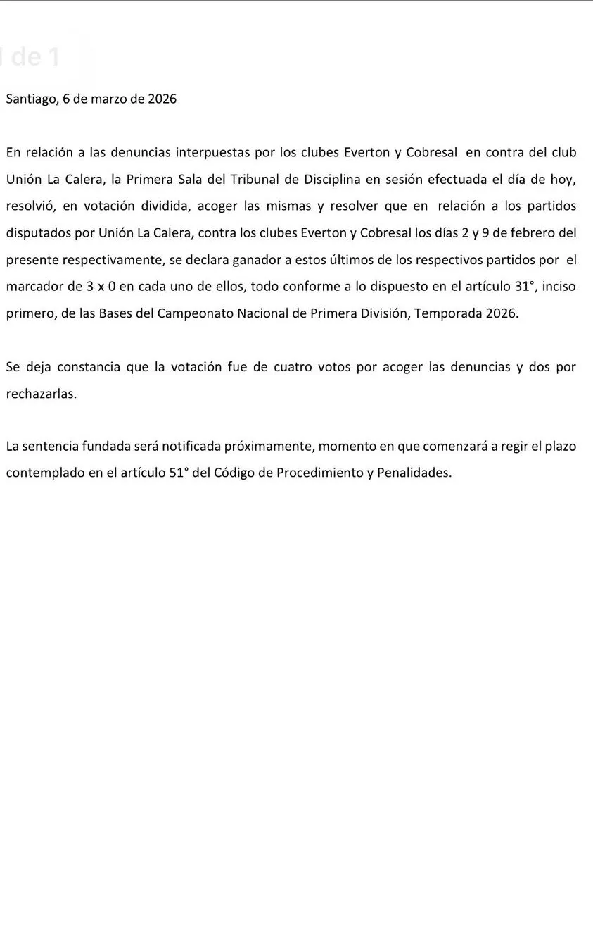 El fallo entregado por la ANFP la noche de este viernes. Foto: Captura.