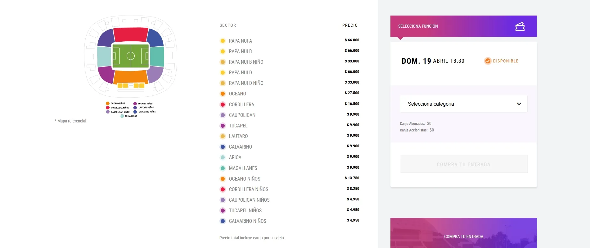 Los precios de las entradas para el partido.