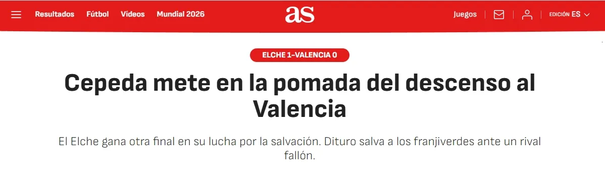 La portada del Diario AS al triunfo del Elche.