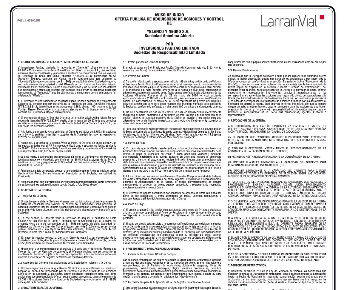 El inserto de la nueva OPA lanzada por Aníbal Mosa en la edición de papel de El Mercurio de este martes 21 de abril. Foto: Captura El Mercurio.