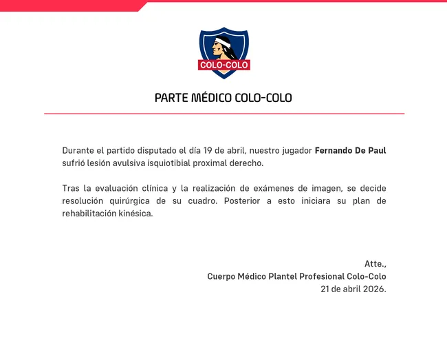 Colo Colo confirma grave lesión de Fernando de Paul.Imagen: Colo Colo Oficial