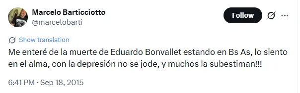 El tuit de Marcelo Barticciotto tras la muerte de Eduardo Bonvallet en 2015.