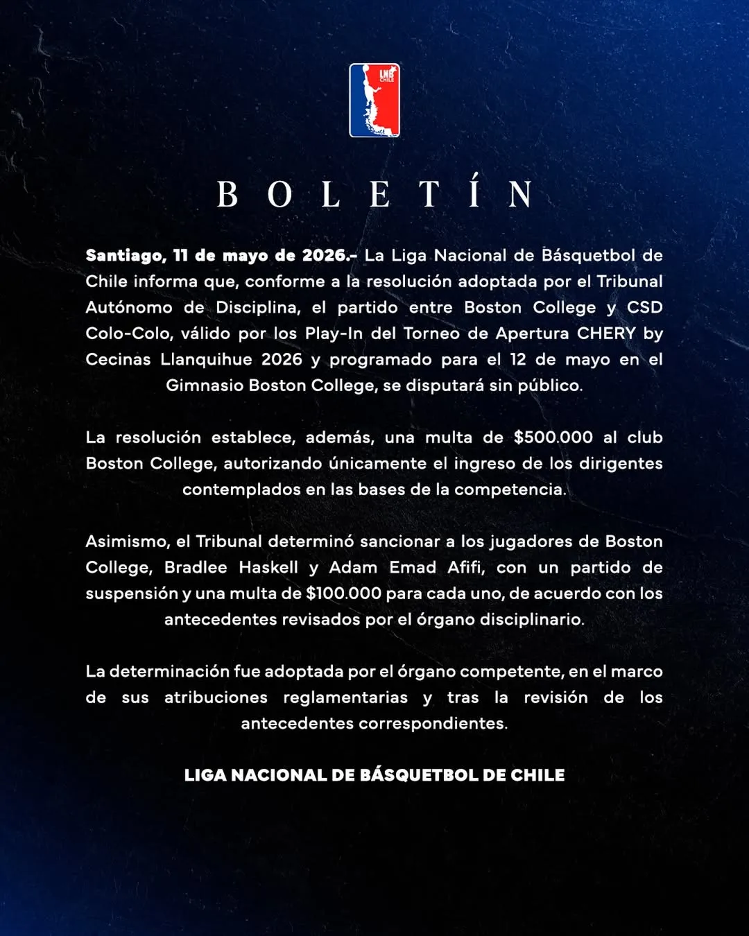 El comunicado con las sanciones a Boston College.Imagen: Instagram ChileLNB