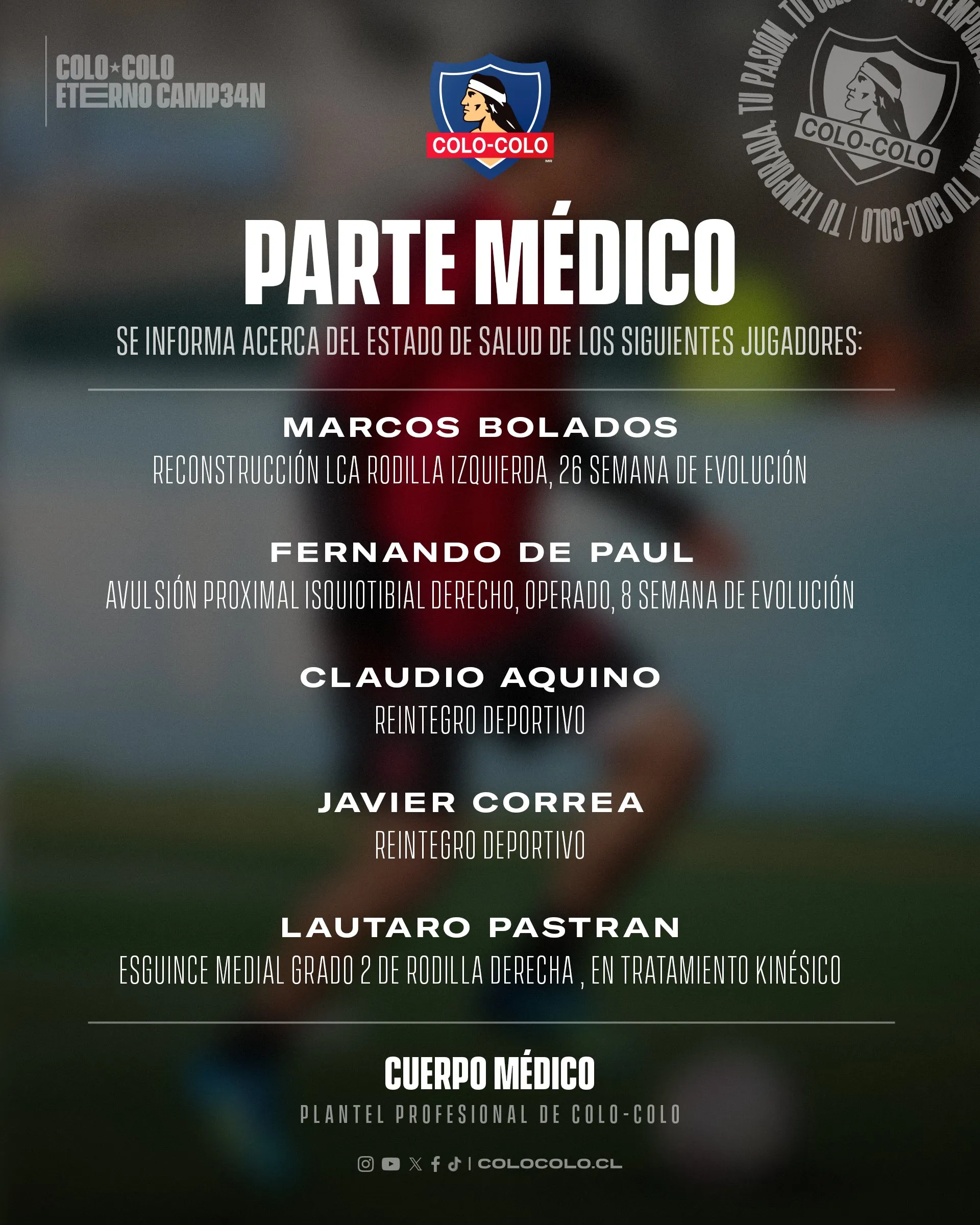 El parte médico del Cacique previo a visitar a Unión Española. Foto: Colo Colo Oficial.