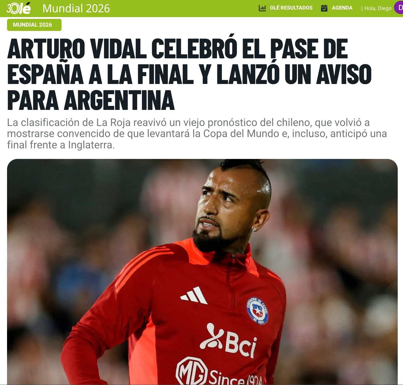 Reacción del Diario Olé a predicciones de Vidal.