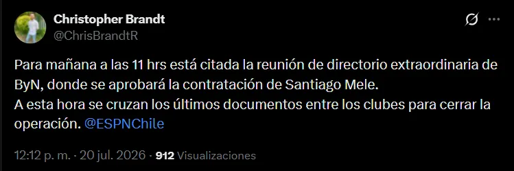 Santiago Mele será el arquero de Colo Colo.