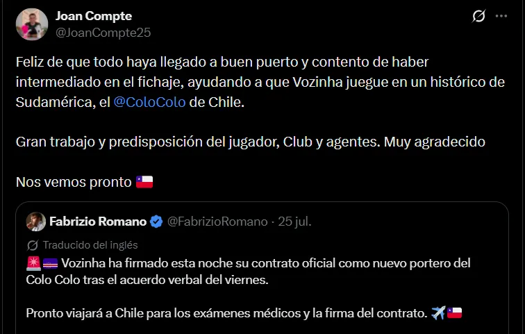Joan Compte, intermediario en el fichaje de Vozinha en Colo Colo.