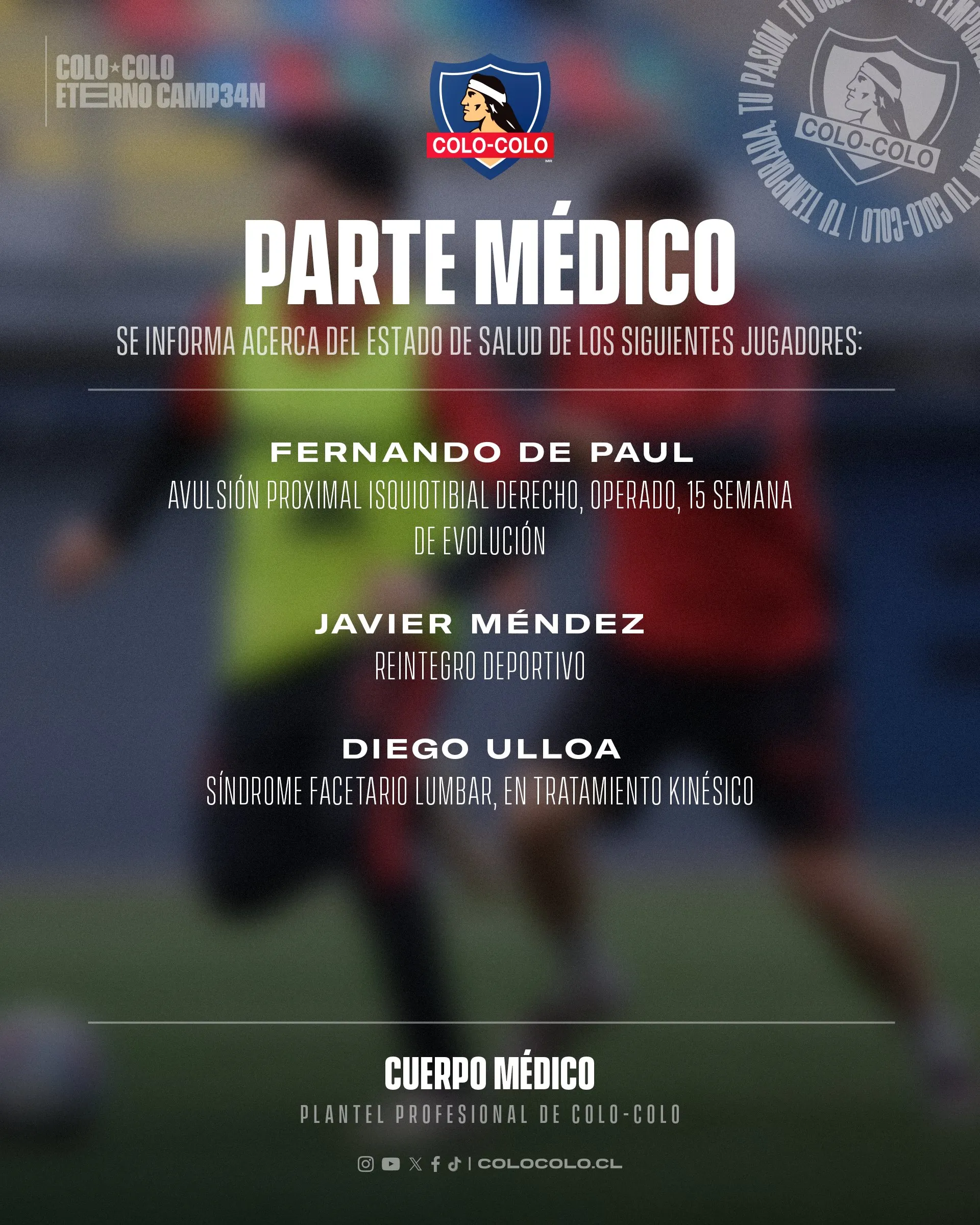 El parte médico de Colo Colo.Imagen: Colo Colo Oficial