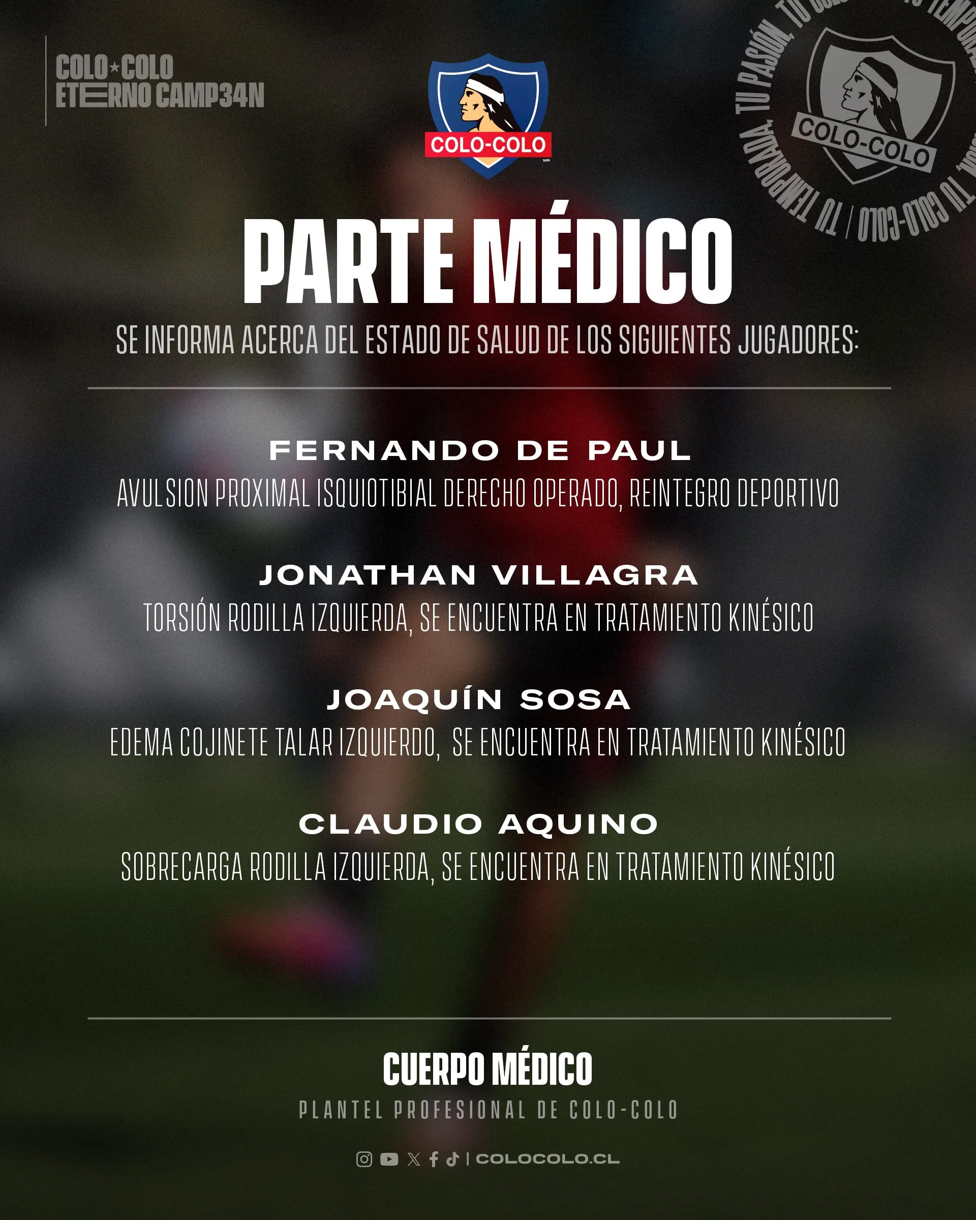 El parte médico de Colo Colo.Imagen: Colo Colo Oficial