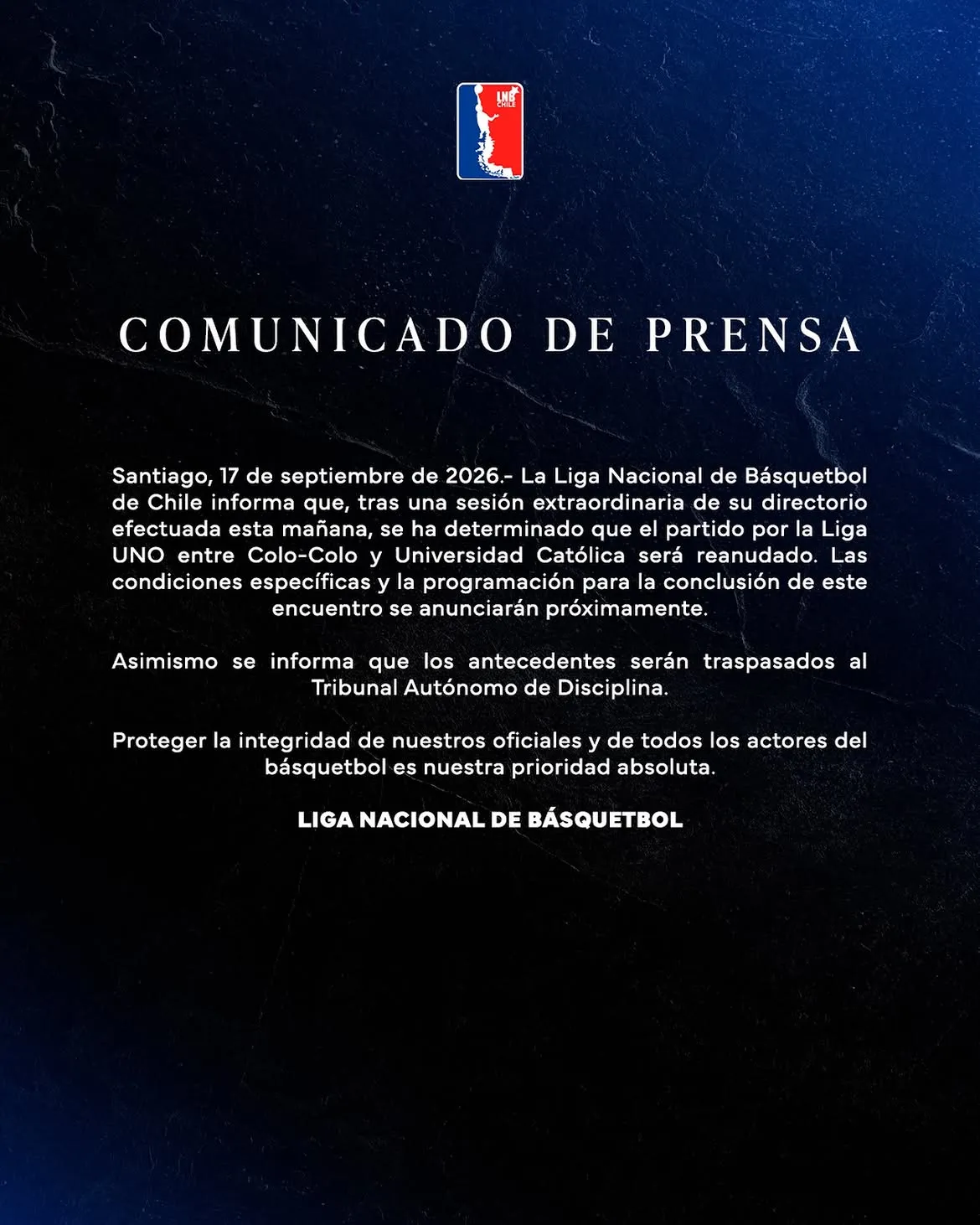 Comunicado de la Liga LNB. (Foto: chilelnb)